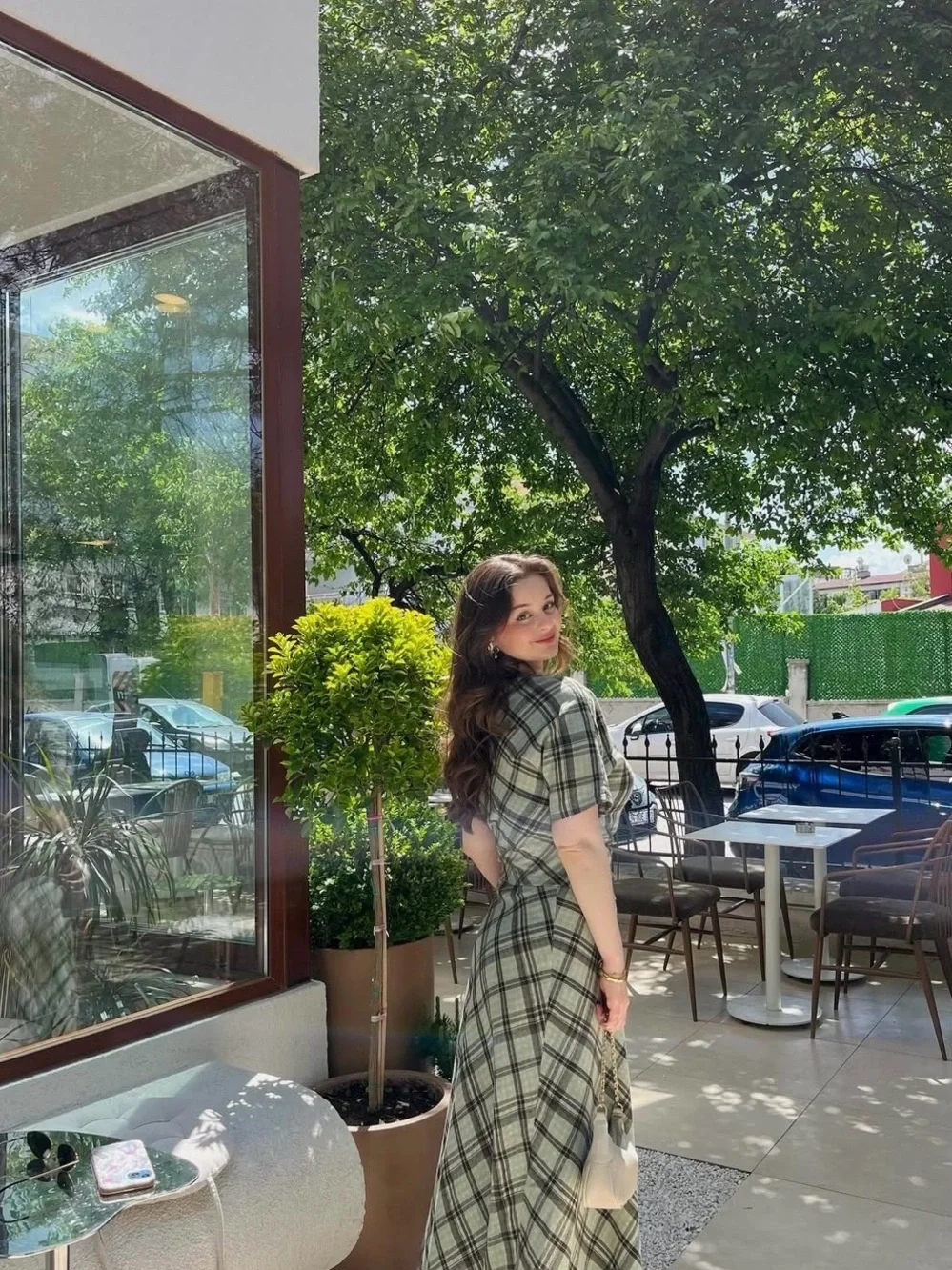 Plaid Maxi Skirt & Draped Top Matching Set – Sage Green Brown Check
